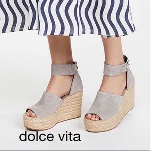 NWOT DOLCE VITA Grey Leather Espadrille Wedge Ankle Strap Sandals 8.5